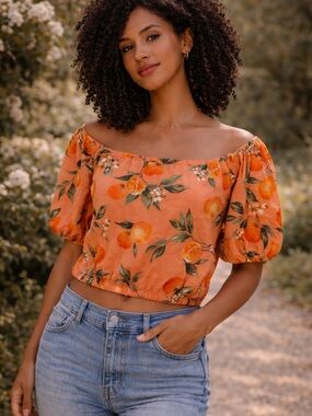 LOFT Orange Fruit Print Crop Top L NWT Cotton Cottagecore Summer Blouse